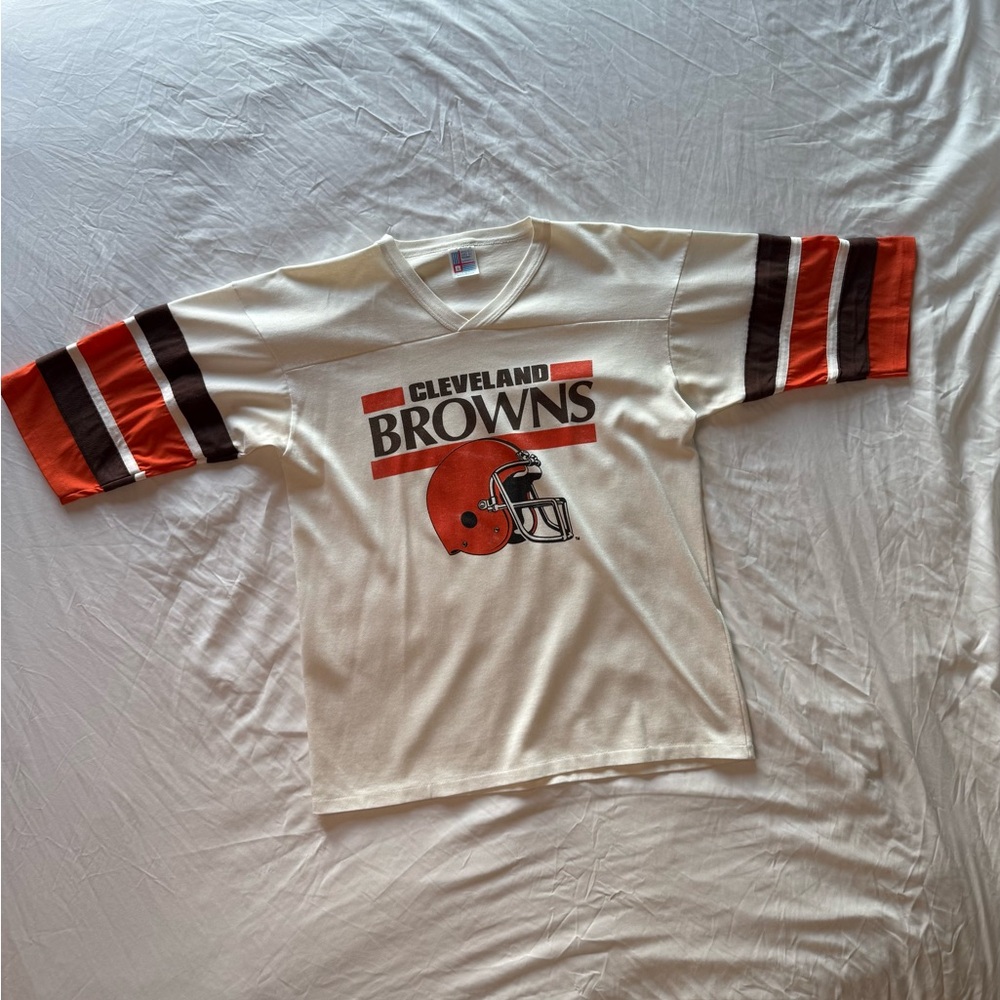 Vintage Cleveland Browns varsity shirt - White and Orange.